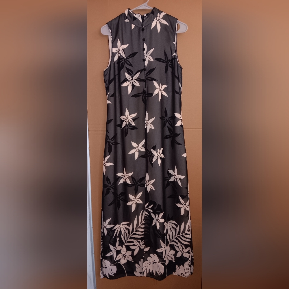 David Warren Floral Sleeveless Maxi Dress Sheer Lined Black White Flowers 10